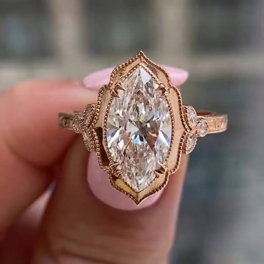 3 CT Marquise Cut Moissanite Engagement Ring Vintage Milgrain 14K Yellow Gold Halo Solitaire Ring Art Deco Bridal Jewelry Gift For Her