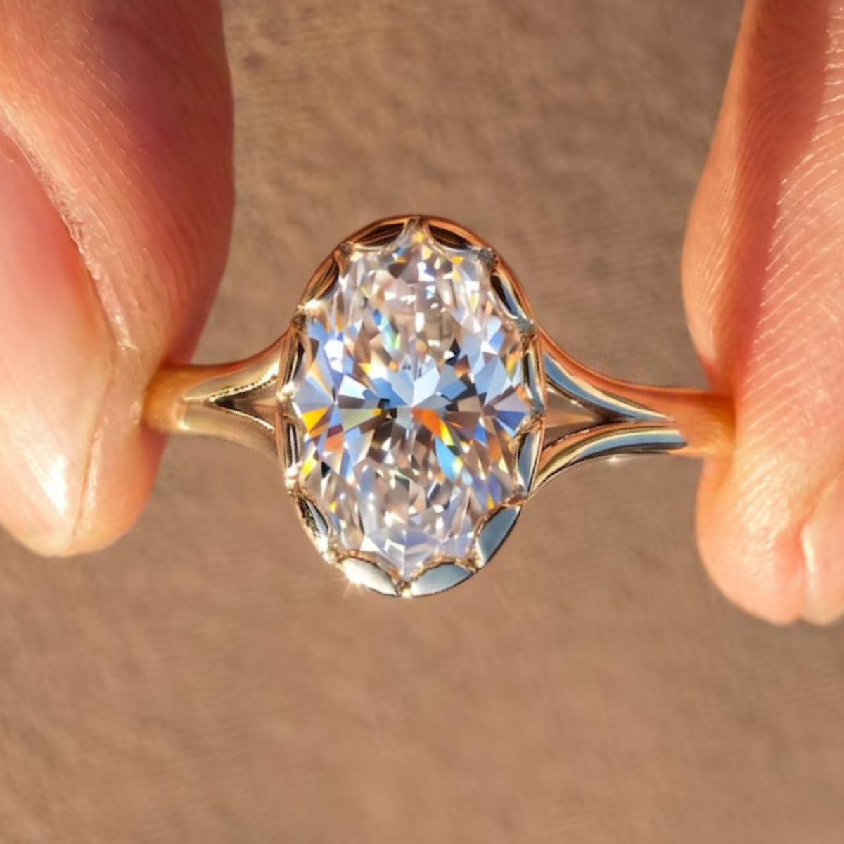 Bezel Oval Moissanite Split Shank Solitaire Gold Engagement Ring