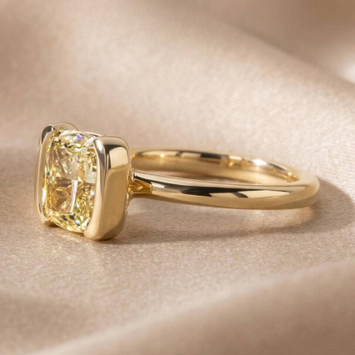 2.5 CT Fancy Yellow Cushion Cut Lab Grown Engagement Ring, Half Bezel Set Wedding Ring, 14k Yellow Gold IGI Certified Ring For Women