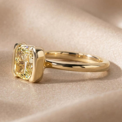 2.5 CT Fancy Yellow Cushion Cut Lab Grown Engagement Ring, Half Bezel Set Wedding Ring, 14k Yellow Gold IGI Certified Ring For Women