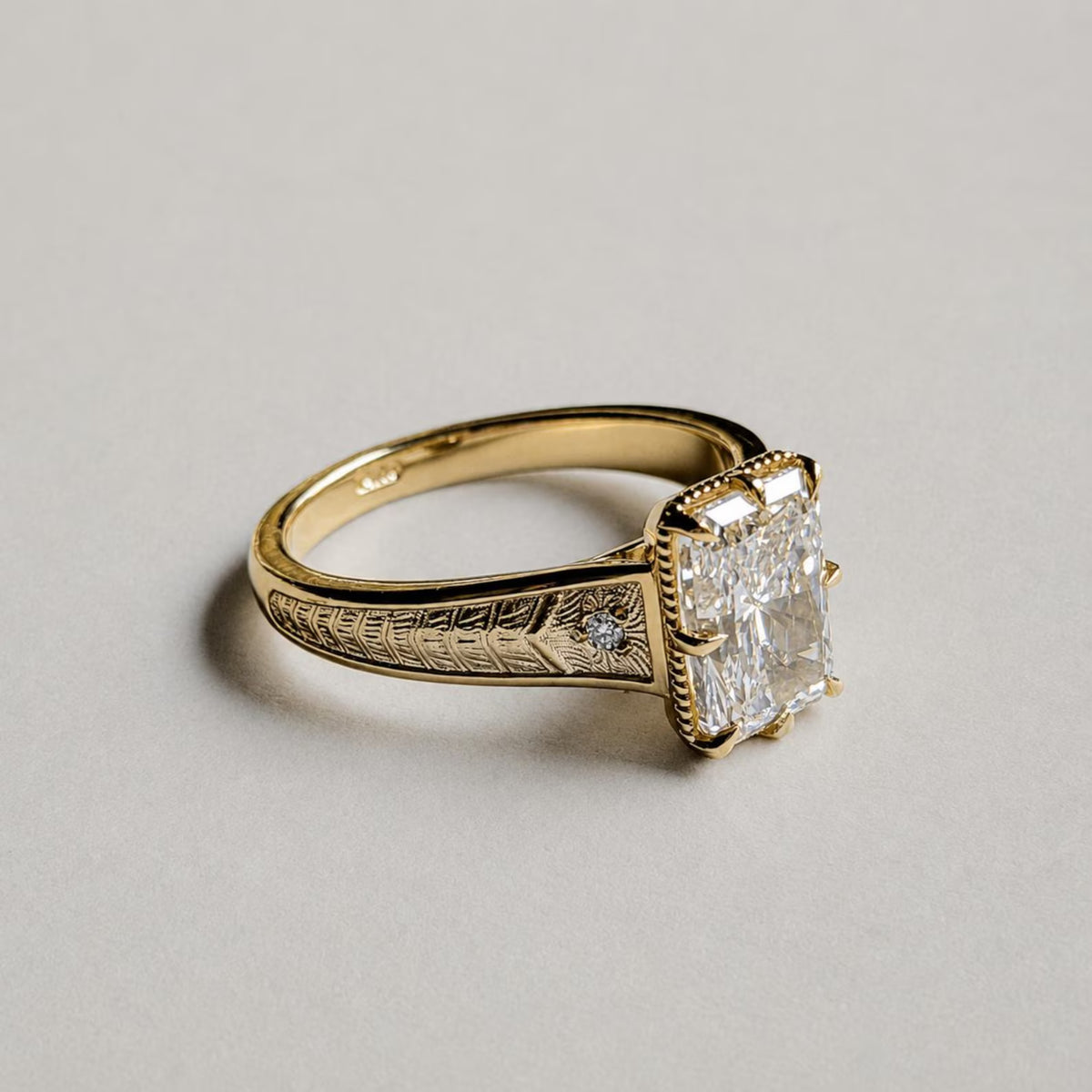 2.5 CT Radiant Cut Lab Grown Diamond Engagement Ring in Engraved Gold Band