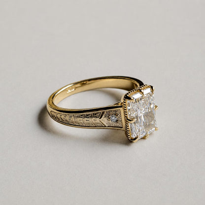 2.5 CT Radiant Cut Lab Grown Diamond Engagement Ring in Engraved Gold Band
