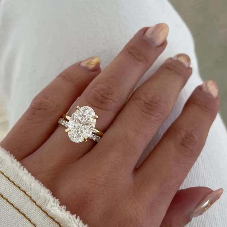 3CT Oval Moissanite Hidden Halo Ring Set Plain Gold Band