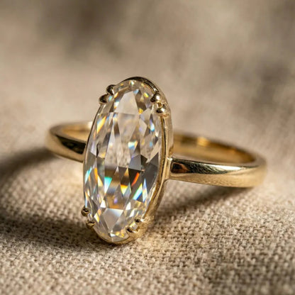 Antique Rose Cut Elongated Oval Moissanite Solitaire Ring in 14K Solid Gold