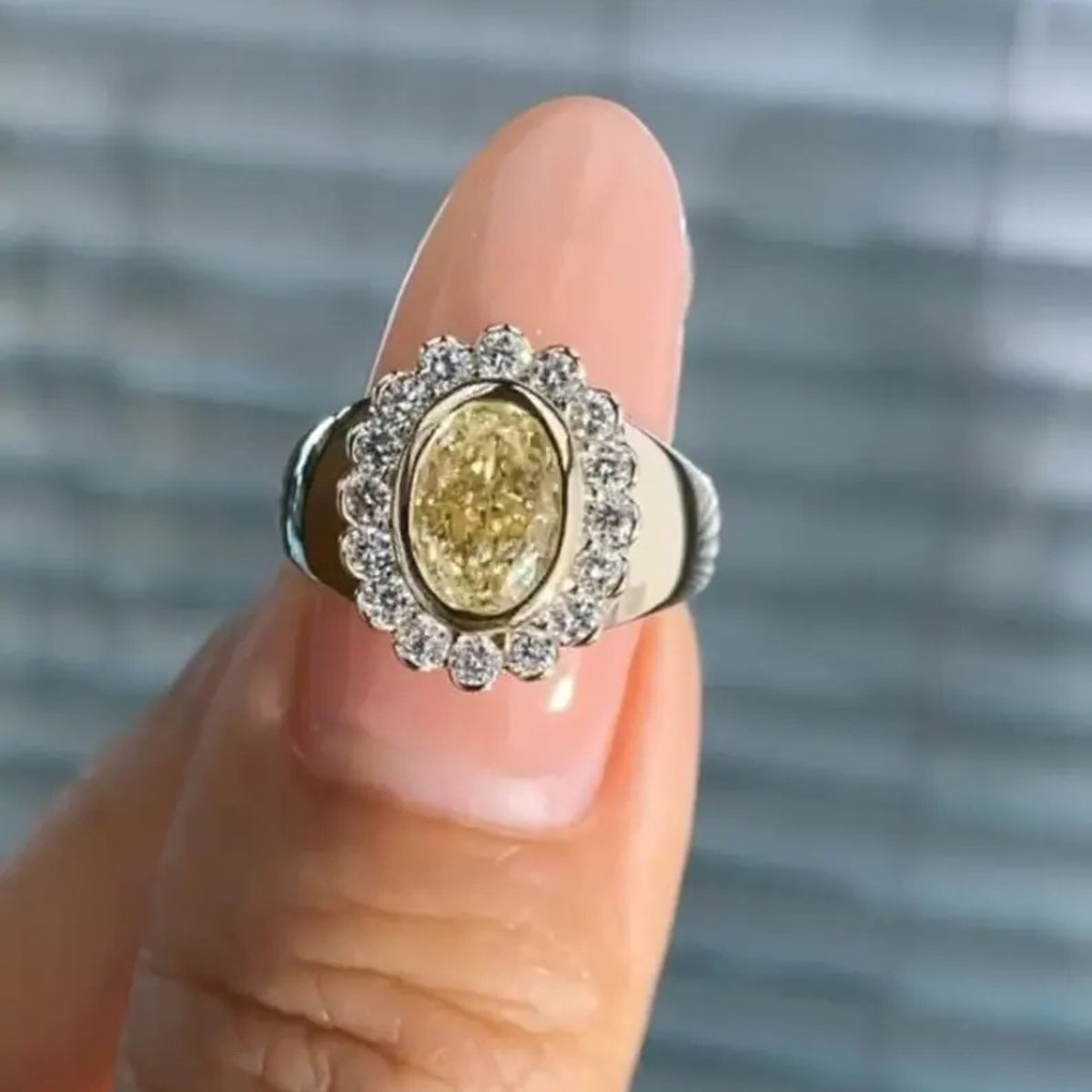 Vintage Yellow Oval Lab Diamond Flower Pinky Halo Engagement ring