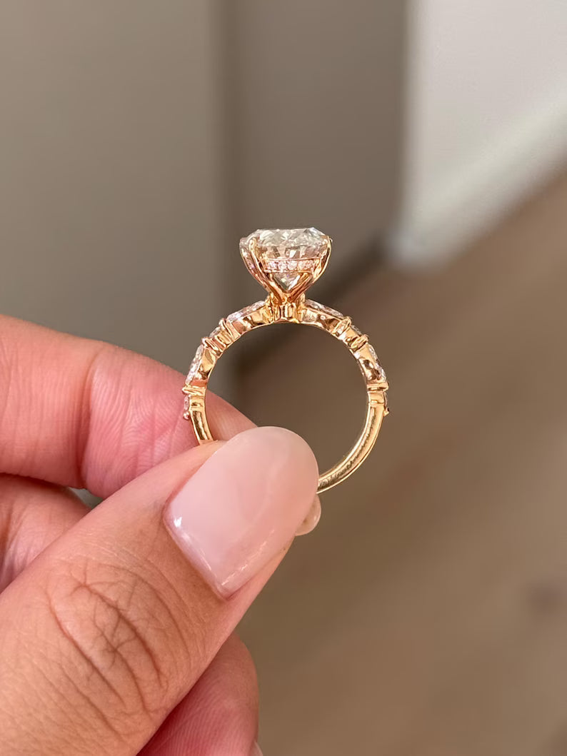 Oval Cut Engagement Ring Alternating Marquise Round Band