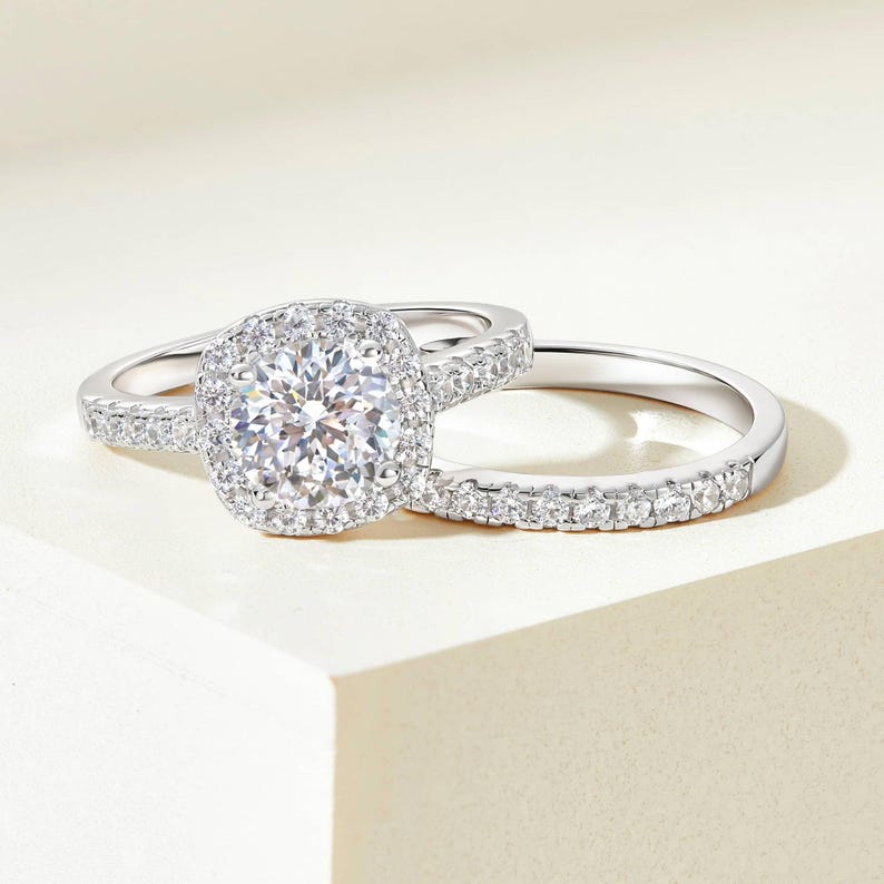 Round Cut Moissanite Cushion Halo Engagement Ring Set - Pavé Band Bridal Set