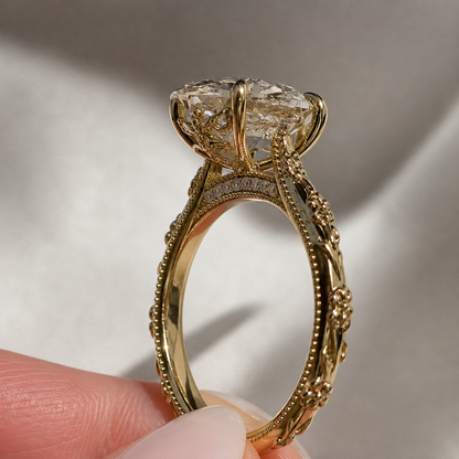 Vintage Floral Oval Moissanite Engagement Ring - Intricate Milgrain Hidden Bridge Gold Ring
