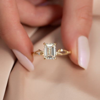 1.50 CT Emerald Cut Nature Inspired Moissanite Diamond Engagement Ring