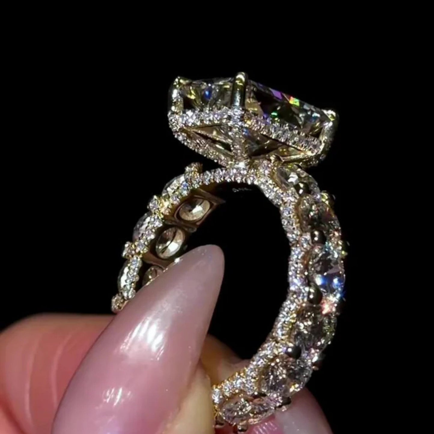 Unique 4CT Radiant Cut Diamond Moissanite Engagement Ring 14K Yellow gold Vintage Wedding Ring Promise Anniversary Bridal Gift for Her
