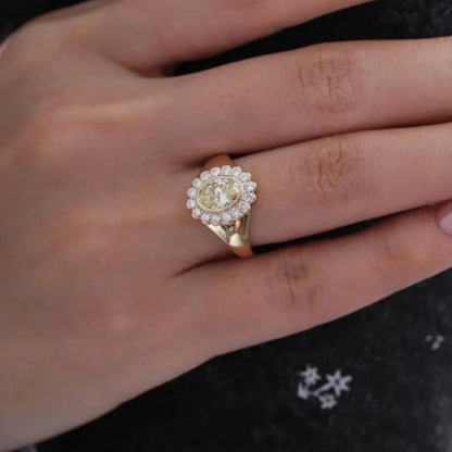 Vintage Yellow Oval Lab Diamond Flower Pinky Halo Engagement ring