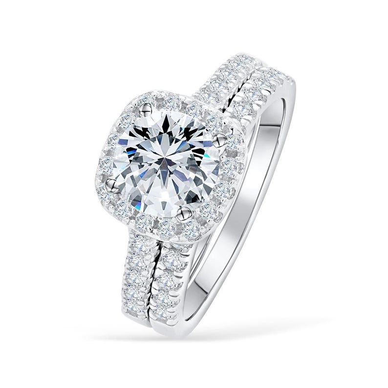 Round Cut Moissanite Cushion Halo Engagement Ring Set - Pavé Band Bridal Set
