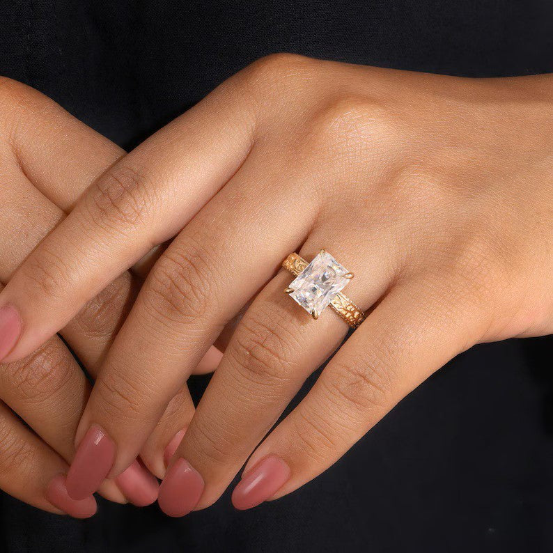 4CT Radiant Cut Moissanite Engagement Ring Vintage Engraved Gold Band