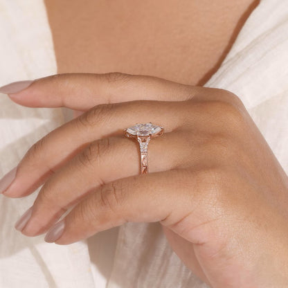 3CT Marquise Cut Moissanite Engagement Ring Vintage Hand Engraved Gold Band