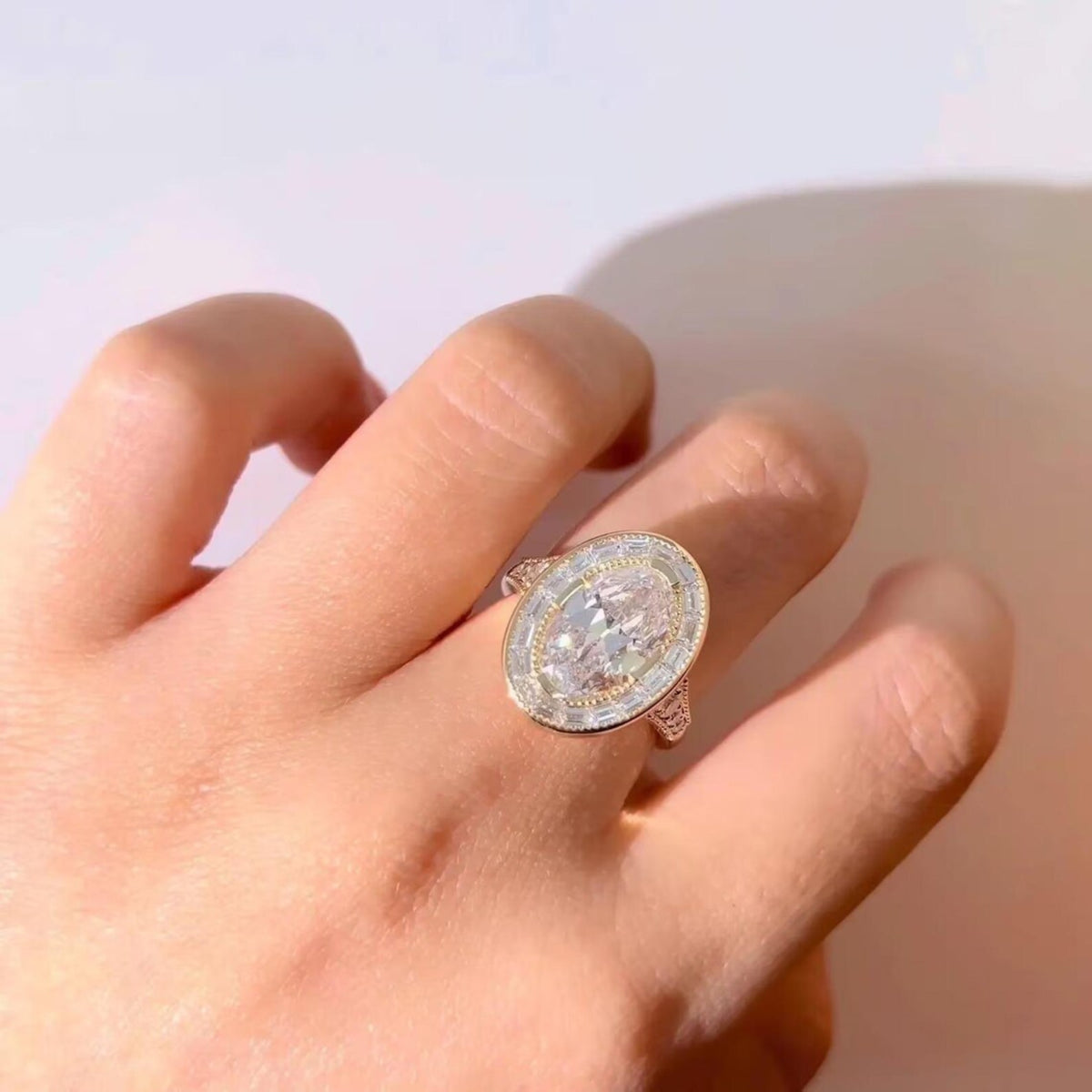 Art Deco Oval Moissanite With Halo Baguette & Round Cut Engagement Ring