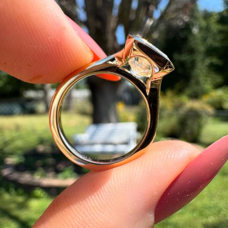 Bezel Set Radiant Cut Moissanite Solitaire Engagement Ring - Cathedral Split Shoulder Gold Ring
