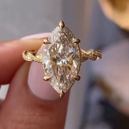 Marquise Cut Moissanite Engagement Ring - Twisted Vine Pavé Band Vintage Gold Ring