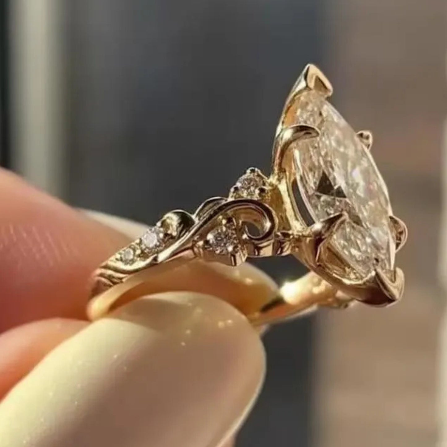 Vintage 2.5 CT Marquise Cut Moissanite Engagement Ring, 18K Solid Yellow Gold Natural Inspired Flower Wedding Ring, Anniversary Ring For Women