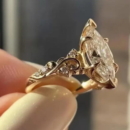 Vintage 2.5 CT Marquise Cut Moissanite Engagement Ring, 18K Solid Yellow Gold Natural Inspired Flower Wedding Ring, Anniversary Ring For Women