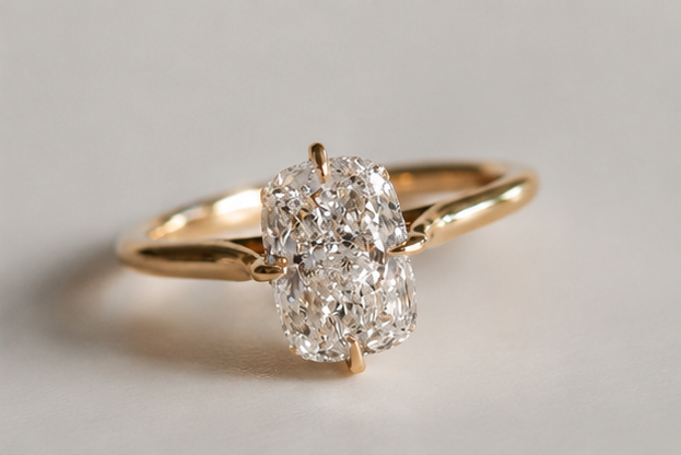 Elongated Cushion Cut Moissanite Solitaire Engagement Ring - Minimalist Compass Setting Gold Ring