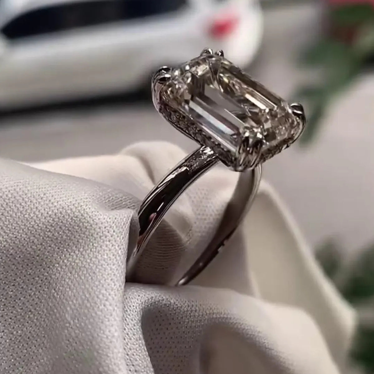 4CT Emerald Cut Moissanite Hidden Halo Gold Engagement Ring