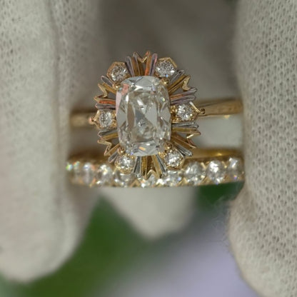 Vintage Inspired Cushion Moissanite Sunburst Halo Ring in Tri Tone Gold Ring Set