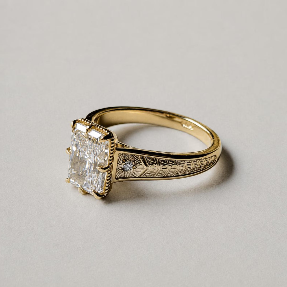 2.5 CT Radiant Cut Lab Grown Diamond Engagement Ring in Engraved Gold Band