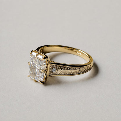 2.5 CT Radiant Cut Lab Grown Diamond Engagement Ring in Engraved Gold Band