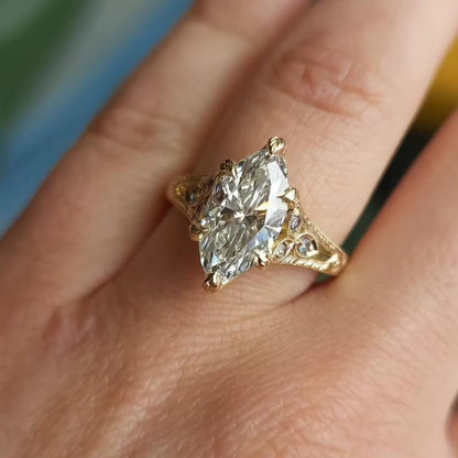 Vintage Marquise Cut Lab Grown Engagement Ring with Gold Engraved