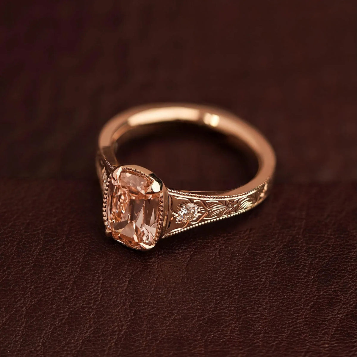 Unique Pink Old Mine Cushion Cut Moissanite With Engraved Band Ring