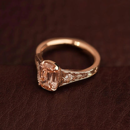 Unique Pink Old Mine Cushion Cut Moissanite With Engraved Band Ring
