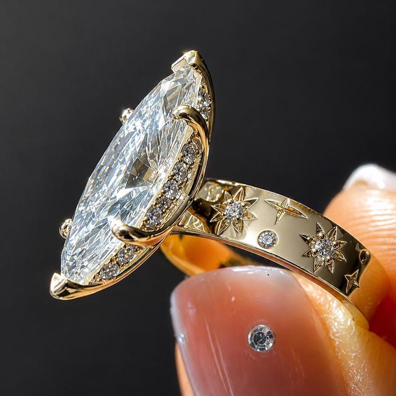 Marquise Diamond Hidden Halo Ring Celestial Engraved Band