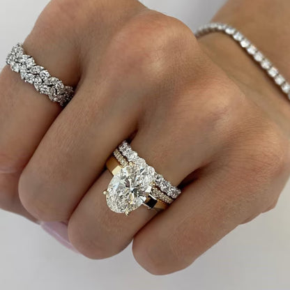 Elongated 4CT Oval Cut Moissanite Three Piece Diamond Bridal Ring Set, 14k Solid Yellow Gold Tulip Engagement Ring Set, Anniversary Ring Set
