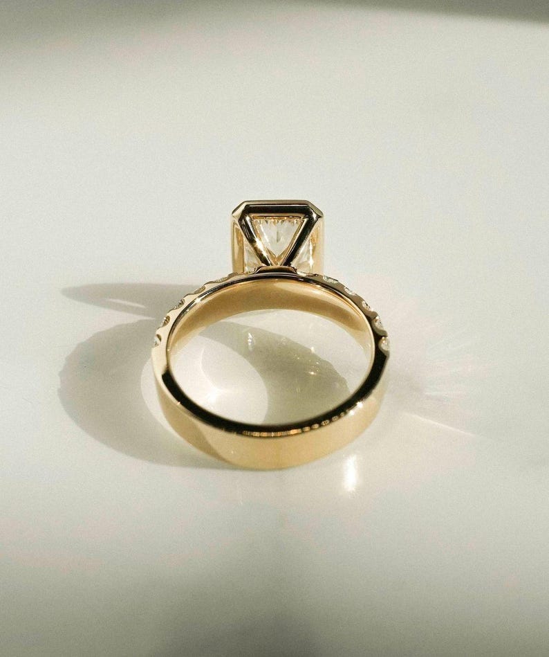 Bezel Set Radiant Cut Moissanite Engagement Ring - Channel Set Baguette Band Gold Ring