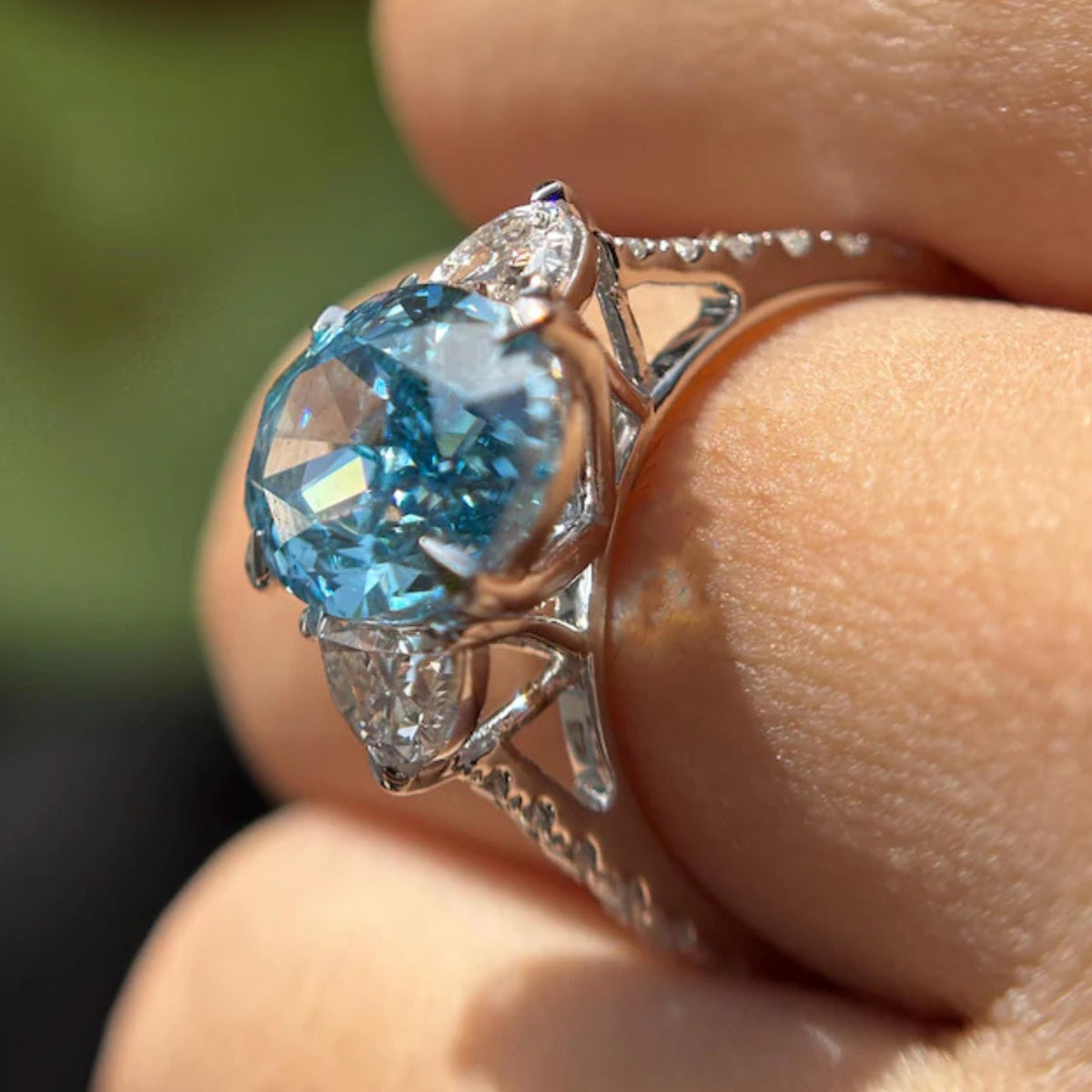 4 CT Blue Oval Lab Grown Three Stone Diamond  Engagement 14K Gold Pave Ring