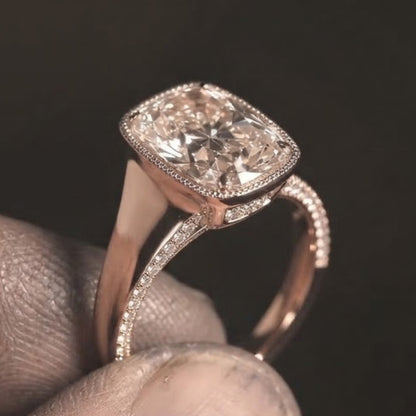 Milgrain Old Mine Cushion Cut Moissanite Engagement Ring in 14K Rose Gold