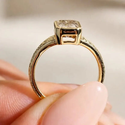 Bezel Set Radiant Moissanite Engagement Ring Vintage14K Solid Gold Promise Ring Hand Engraved Wedding Band Ring For Women