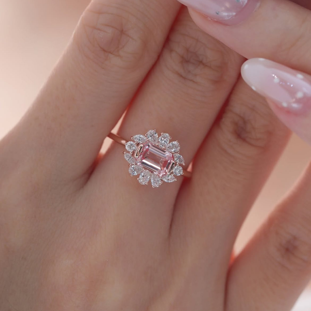 Lab Emerald Cut Pink Gemstone With Floral Halo Cluster Diamond Engagement Ring