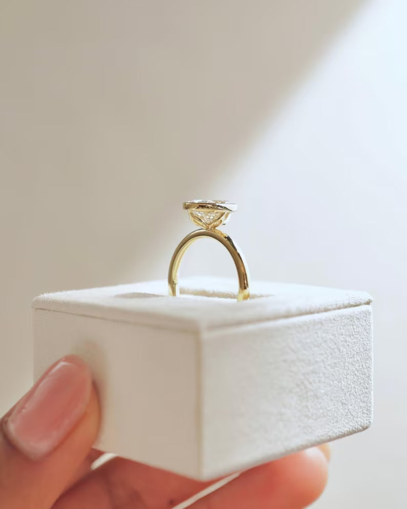 Bezel Set Oval Cut Moissanite Solitaire Ring - Sleek Minimalist Gold Engagement Ring