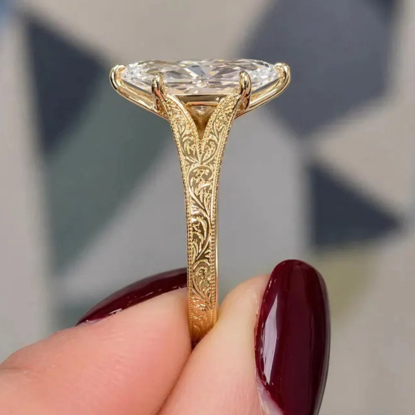Vintage 3CT Dutch Marquise Moissanite Diamond Engagement Ring,14K Solid Gold Promise Ring, Hand Engraved Split Shank Wedding Ring For Her