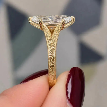 Vintage 3CT Dutch Marquise Moissanite Diamond Engagement Ring,14K Solid Gold Promise Ring, Hand Engraved Split Shank Wedding Ring For Her