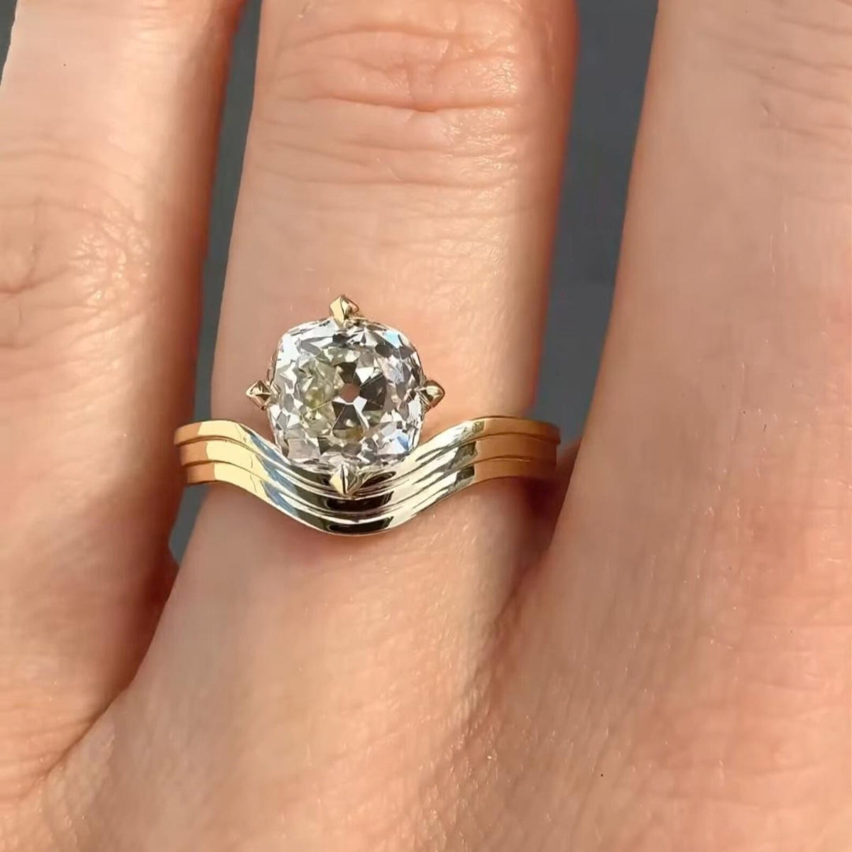 2CT Old Mine Cushion Cut Lab Grown Engagement Ring with Wavy Curved Band