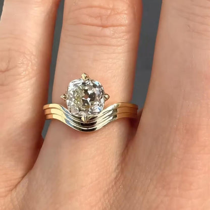 2CT Old Mine Cushion Cut Lab Grown Engagement Ring with Wavy Curved Band