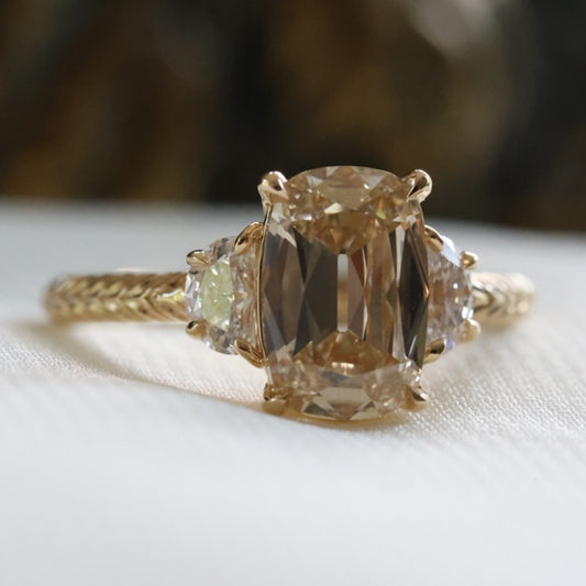 Champagne Cushion Cut Moissanite Engagement Ring in Vintage Engraved Gold