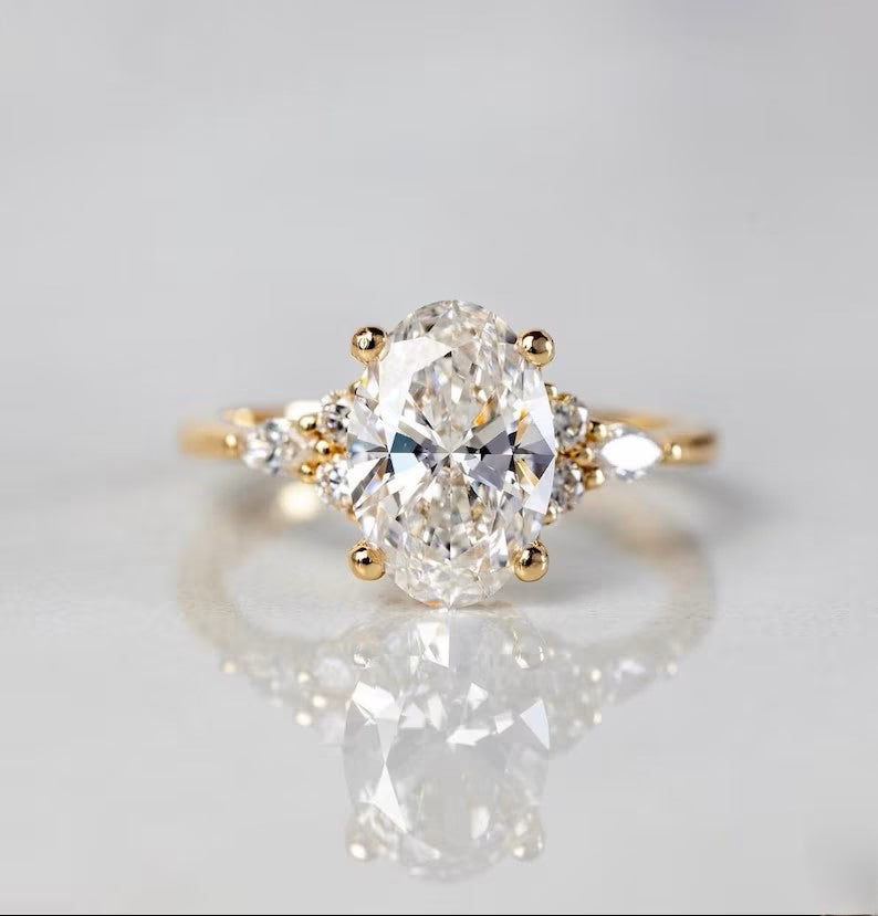 Oval Lab Grown Diamond Engagement Ring - Pear & Round Cluster Side Stone Gold Ring
