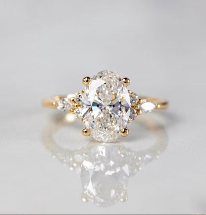 Oval Lab Grown Diamond Engagement Ring - Pear & Round Cluster Side Stone Gold Ring