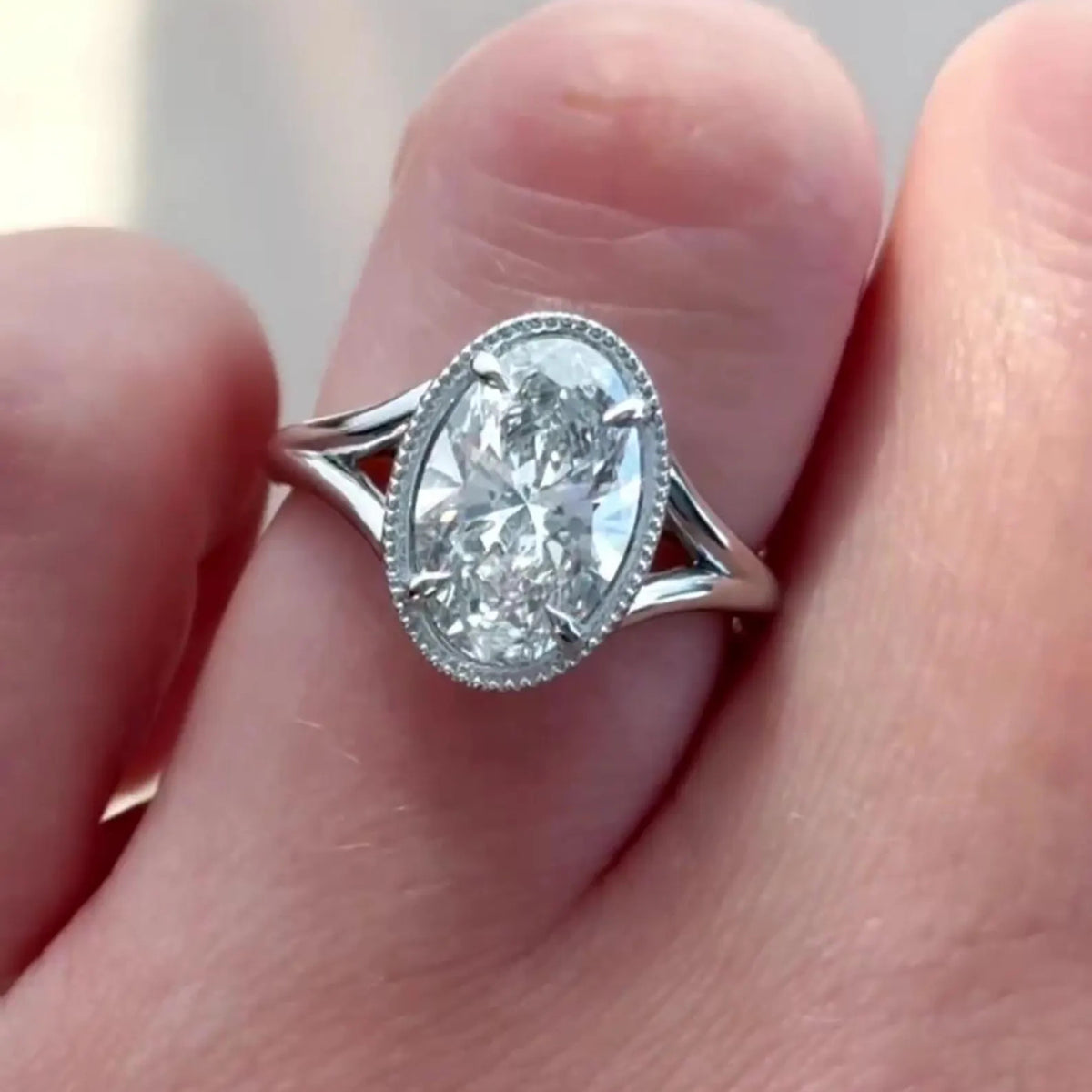Unique 3CT Oval Moissanite Engagement Ring With Spilt Shank Band