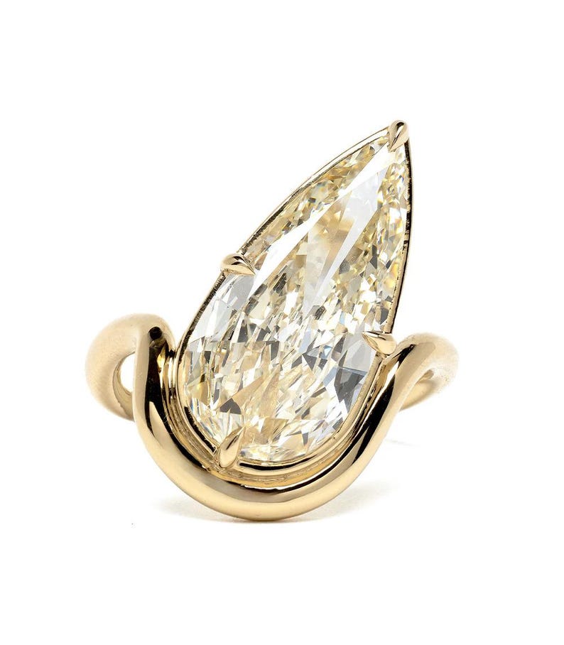 Modern Pear Cut Diamond Engagement Ring - Floating Half-Bezel Curved Band