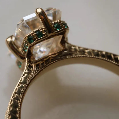 Vintage 3CT Emerald Cut Moissanite Engagement Ring 14K Solid Gold Ring With Engraved Band Antique-Inspired Solitaire Bridal Set Ring for Her