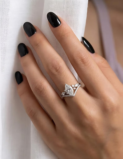 Unique Marquise Engagement Ring Matching Curved Wedding Set
